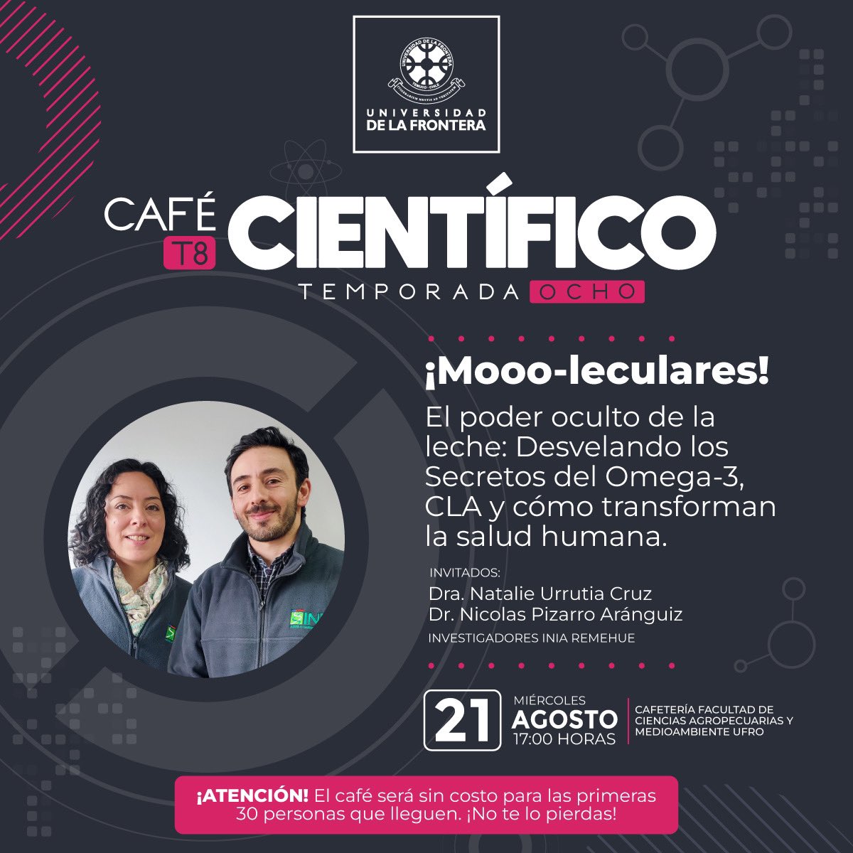 Alex Seguel (@alexseguel_) on Twitter photo Este miércoles regresa nuestro Café Científico #UFRO. Nos visita la Dra Natalie Urrutia y el Dr Nicolás Pizarro de <a href="/inia_remehue/">INIA Remehue</a> para hablar de las Propiedades de la Leche como un súper alimento.
Miércoles 21 de agosto a las 17 horas en la Cafetería <a href="/AgroambienteU/">Agroambiente UFRO</a> Este miércoles regresa nuestro Café Científico #UFRO. Nos visita la Dra Natalie Urrutia y el Dr Nicolás Pizarro de <a href="/inia_remehue/">INIA Remehue</a> para hablar de las Propiedades de la Leche como un súper alimento.
Miércoles 21 de agosto a las 17 horas en la Cafetería <a href="/AgroambienteU/">Agroambiente UFRO</a>