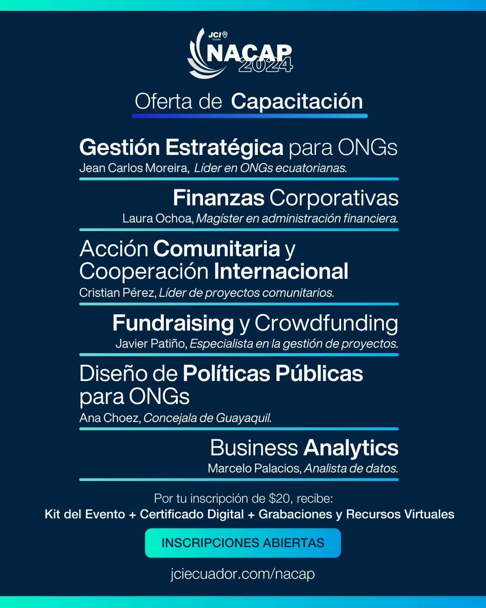 📌Certifícate en competencias clave con jóvenes expertos en #NACAP2024:

✨Gestión Estratégica  
💼Finanzas Corporativas  
🌍Acción Comunitaria  
💡Fundraising 
📜Políticas Públicas 
📊Business Analytics 

Incluye Kit, Certificado y más.
↘️
Inscríbete: jciecuador.com/nacap