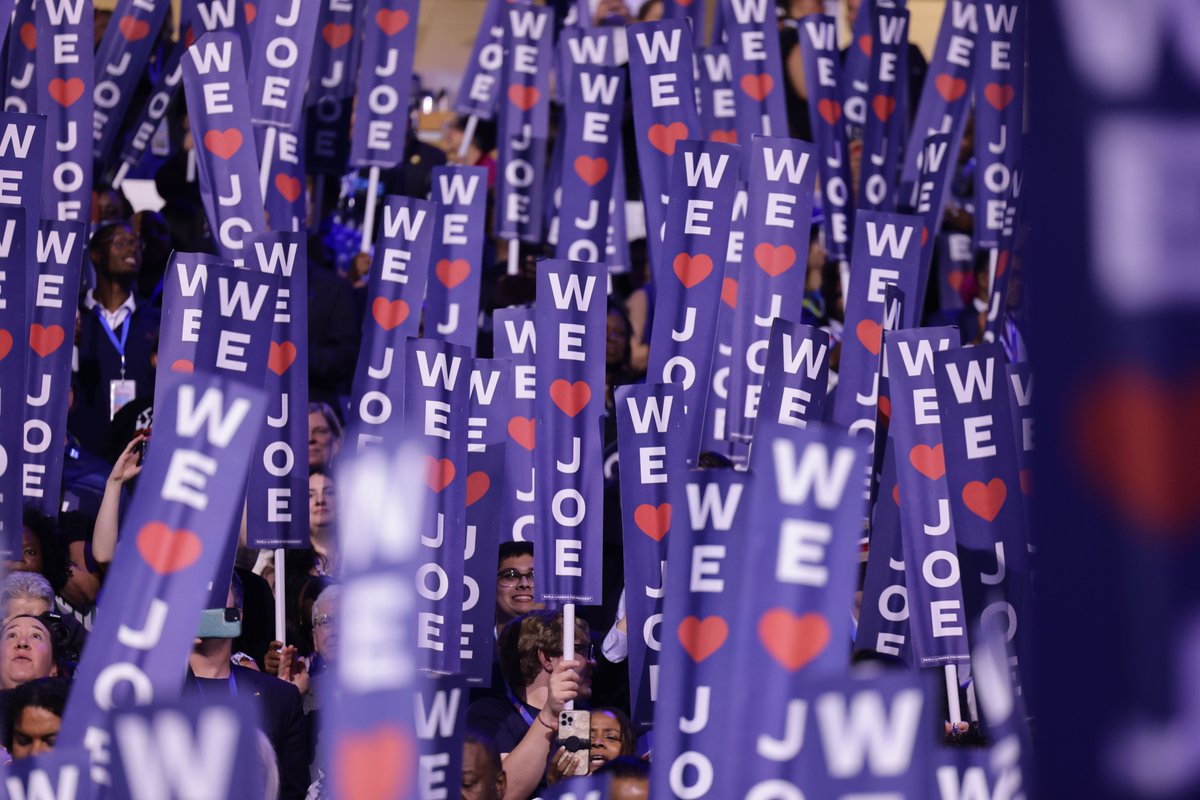Suntimes's tweet photo. President Joe Biden has taken the stage on the first night of the Democratic National Convention.

Latest updates from tonight's speeches: https://t.co/4vLmXEu5Z2 https://t.co/JHnvHwYq4d