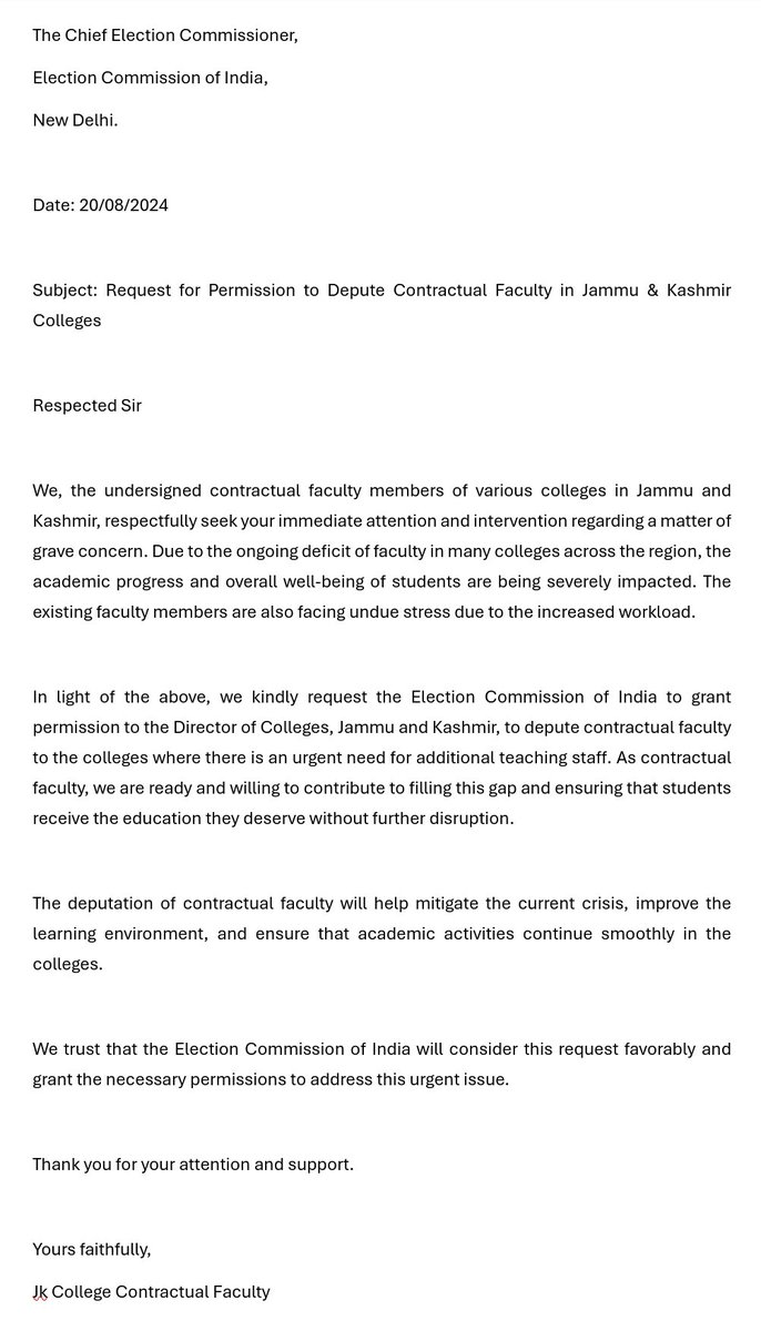 JK College Contractuals request <a href="/ECISVEEP/">Election Commission of India</a> to kindly permit Director Colleges JK to depute Contractual Faculty to Colleges across Jammu and Kashmir. <a href="/AmitShah/">Amit Shah</a> <a href="/narendramodi/">Narendra Modi</a> <a href="/diprjk/">Information & PR, J&K</a> <a href="/ilo/">International Labour Organization</a> <a href="/BJP4India/">BJP</a> <a href="/INCIndia/">Congress</a> <a href="/JKNC_/">JKNC</a> <a href="/MehboobaMufti/">Mehbooba Mufti</a> <a href="/mkatju/">Markandey Katju</a> <a href="/OfficeOfLGJandK/">Office of LG J&K</a> <a href="/OmarAbdullah/">Omar Abdullah</a> <a href="/RahulGandhi/">Rahul Gandhi</a>