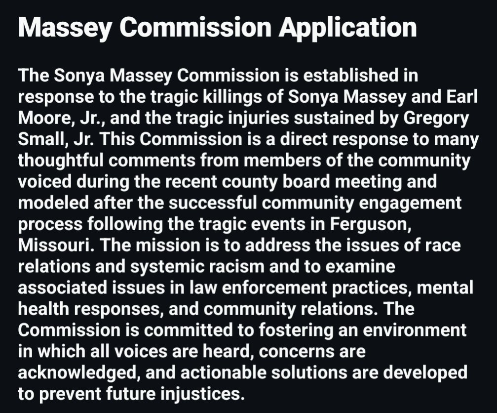 Sangamon County residents, apply here to be a member of the #MasseyCommission

sangamonil.gov/departments/a-…

#SonyaMassey #JusticeForSonya #EarlMooreJr #SpeakOutForGregory #BlackLivesMatter #BLM #BlacklivesMatterSPI