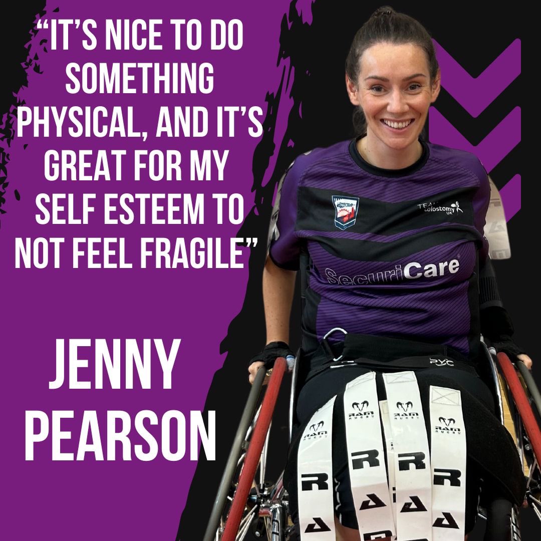 At our recent wheelchair rugby league game with <a href="/SheffieldEagles/">Sheffield Eagles</a> we had the pleasure of welcoming Eagles player Jenny Pearson to our team. She's had a #stoma for a year and spoke to us about returning to play after surgery and what she thought of us! shorturl.at/Nk7KE 💜♿️