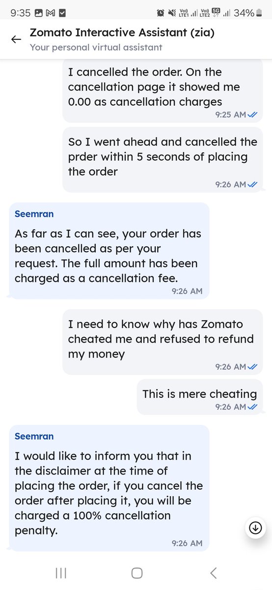 kaala_coat's tweet photo. @zomato @zomatocare has come to cheating people. And when you try to chat witj them, they will bombard you with generic replies rather than redressing the issue! https://t.co/M6b6uCSL7s