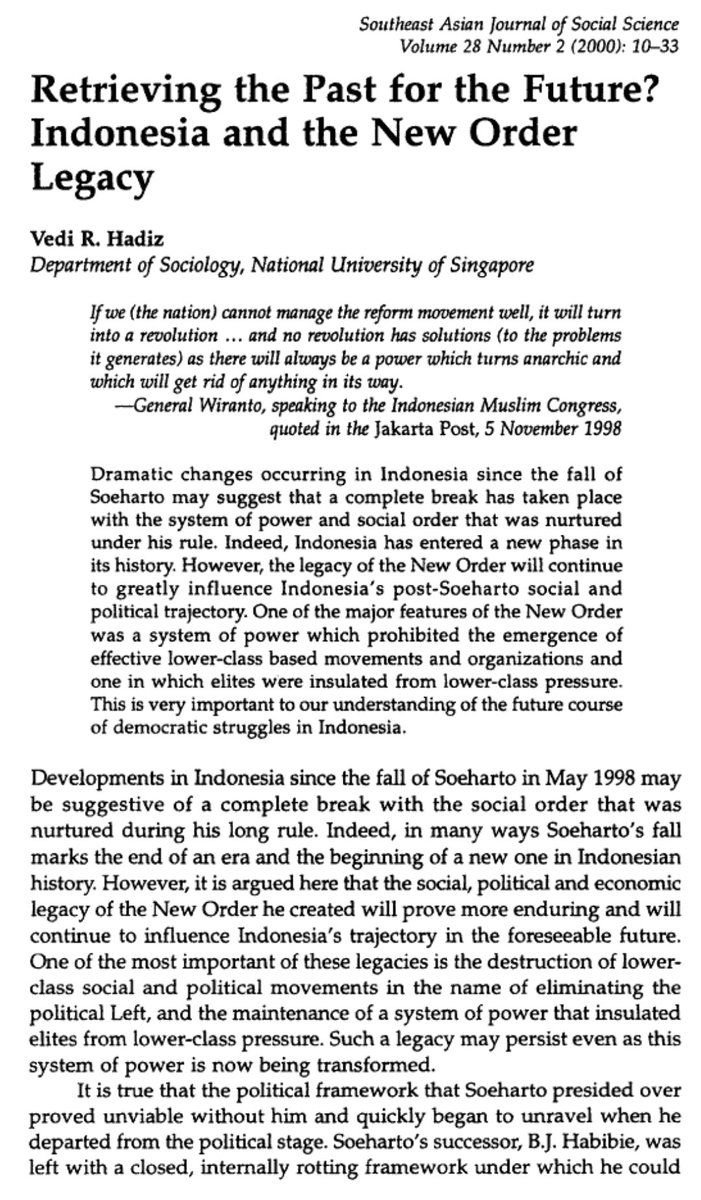 alnickmnathan's tweet photo. Hadiz &amp; robison thesis was in 2004 (20 years ago), not including hadiz's earlier papers. As long as one variable (politically well-organised workers, lower class, liberals, reformists) is missing, the social structure where political-economic elites are dominant is a constant. https://t.co/Ee2rNiWAVF