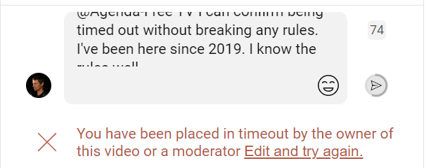Trenthogan's tweet photo. "@ Agenda-Free TV I can confirm being timed out without breaking any rules. I've been here since 2019. I know the rules well."  <- I was timed out for that. How does that break any rules? @lookner https://t.co/6BiY3IsTMv