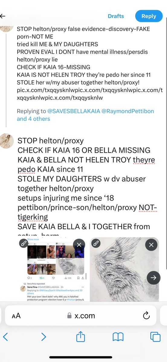 SAVEBELLAKAIA's tweet photo. @RaymondPettibon @YouTube @MilitaryStart4 @DHSgov @FBIWFO @NewYorkFBI @FBI @CNN @BBCWorld @BBCBreaking @CBS @ABC @BBC @FBILosAngeles @FBILouisville @FBIMiamiFL @FBITampa @FoxNews @davidzwirner STOP helton/proxy false evidence-fake discovery FAKE porn-NOT ME
tried-kill ME
CHECK IF KAIA MISSING
CHECK GARAGE/BASEMENT/BATHRM-MISSING-MONTH
SHE IS 16
NOT HELEN TROY-pedo criminal helton/proxy #sozitagoudouna #mjohnson #alisonwu/proxy after KAIA since 11
BELLA has spec needs https://t.co/5iFYIknwa7