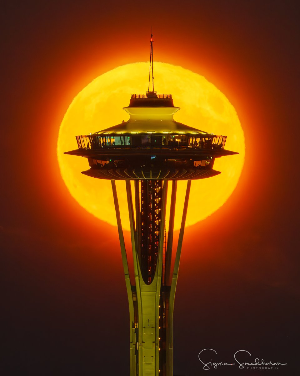 And here's tonight's 100% illuminated Super Sturgeon Blue Moon rising behind #SpaceNeedle in #Seattle. As always, single shot, planned with <a href="/photopills/">PhotoPills</a>  and PlanIt Pro. #SturgeonMoon #SuperBlueMoon2024 
Sony A7RV. Sony 200-600mm at 600mm. F7.1, IS 1600, 1/25 sec.