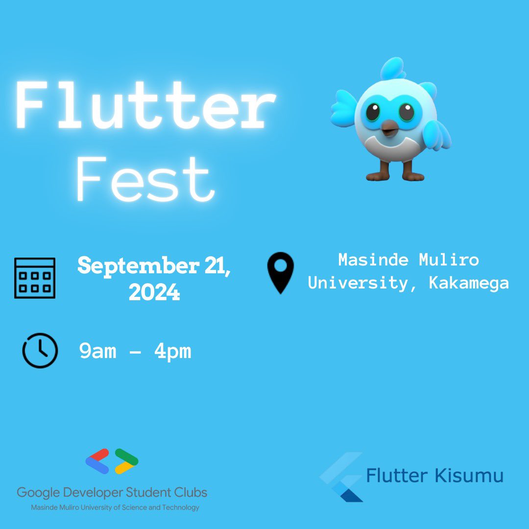 KenyaTechEvents's tweet image. #FlutterFest will be in Kakamega @FlutterconWorld @KenyaFlutterDev 🚀#Kenyatechevents