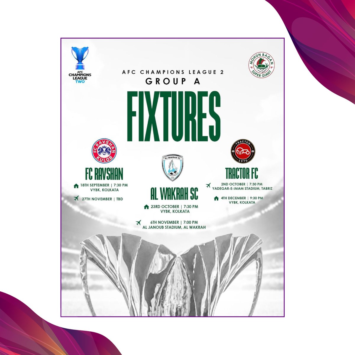 rpsggroup's tweet photo. Upcoming fixtures for the AFC Champions League 2, with Mohun Bagan Super Giant proudly representing India in the competition.

@mohunbagansg 

#RPSGGroup #MBSG #JoyMohunBagan #আমরাসবুজমেরুন #ACL2 #MarinersInAsia #India https://t.co/Puu9MIDT2N