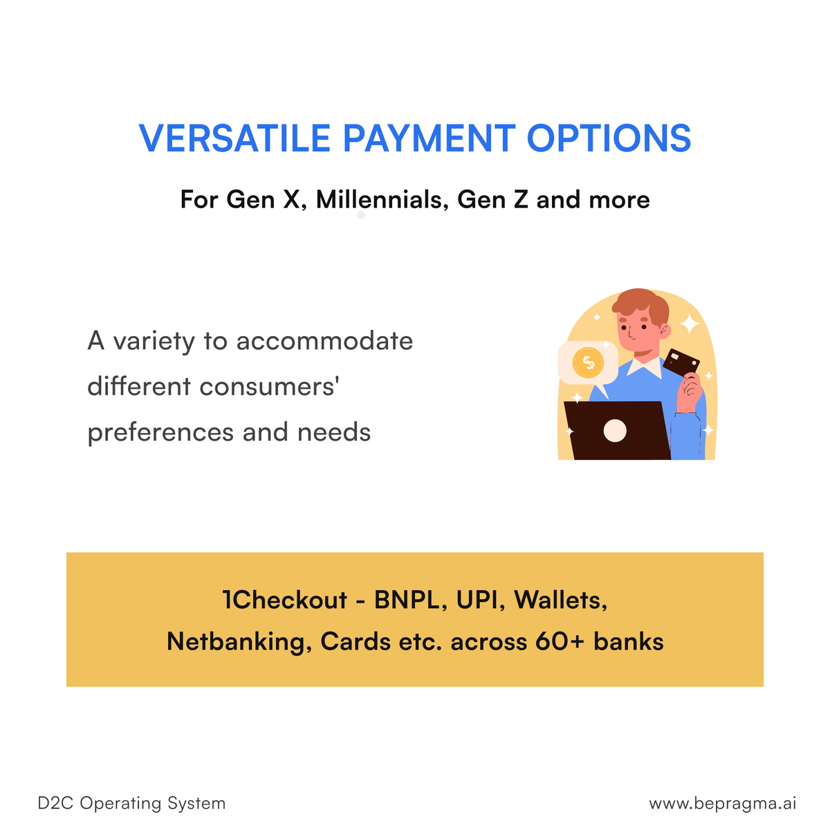 bepragma's tweet photo. A Positive Checkout Experience is crucial for conversion &amp; retention! 

1.a) To reduce drop-offs 
1.b) To personalise upselling/cross-selling 
1.c) To avoid risky customers 

And more..

The #1Checkout → https://t.co/De0MCahzhd 🚀

#d2c #startupindia #ecommercebusiness https://t.co/ZcLW2kg0KV
