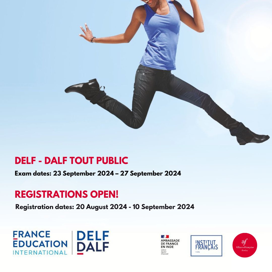 AF Bombay (@afmumbai) on Twitter photo 🎓 Registrations for the DELF-DALF September 2024 exams are now open!
👉 Register now and grab your seat today!
For queries on DELF exams, please get in touch at certifications.mumbai@afindia.org 🎓 Registrations for the DELF-DALF September 2024 exams are now open!
👉 Register now and grab your seat today!
For queries on DELF exams, please get in touch at certifications.mumbai@afindia.org