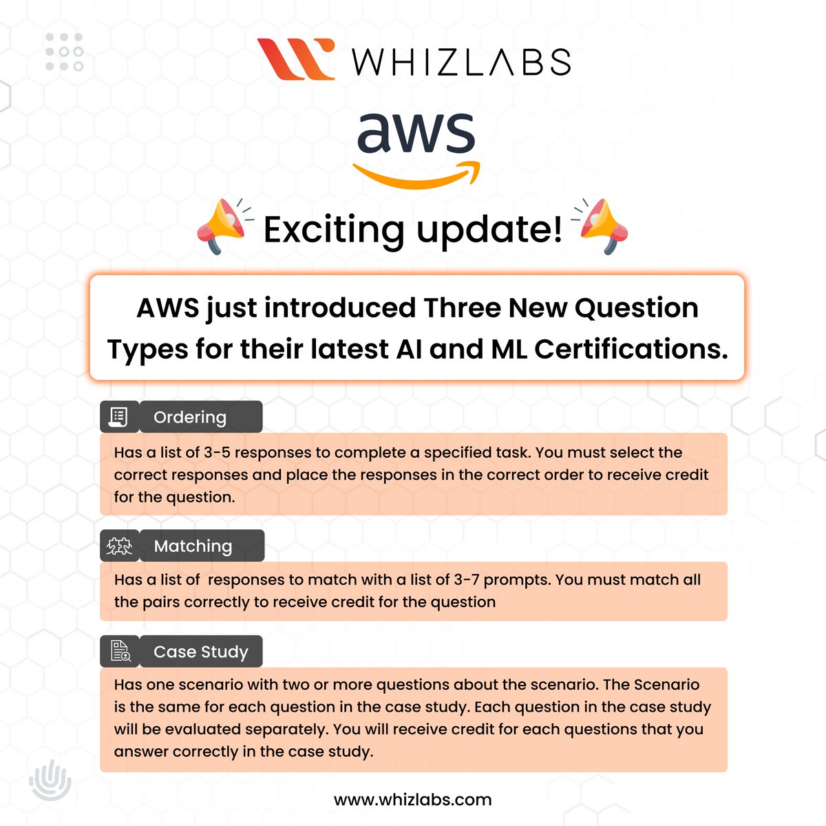 Whizlabs's tweet photo. Exciting News from AWS
AWS Introduced Three New Question Types for their Latest AI and ML Certifications.
For more useful information, follow @Whizlabs !
#cloudcomputing #cloudcomputingcourse #aws #awscloud #CloudServer #cloudserviceprovider #amazoncloud #whizlabs https://t.co/Q7a7WnX3UJ