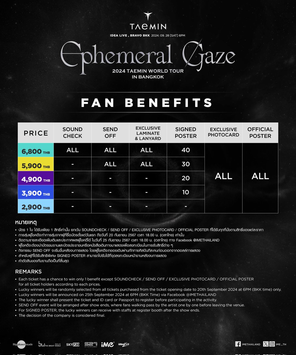 ime_th's tweet photo. รายละเอียดการแสดง การจำหน่ายบัตร และสิทธิพิเศษงาน 
2024 TAEMIN WORLD TOUR [Ephemeral Gaze] IN BANGKOK ☄️

🗓วันเสาร์ 28 กันยายน 2567 เวลา 18.00 น.
📍IDEA LIVE, BRAVO BKK https://t.co/tbpAAYdZL8 
💰ราคาบัตร : 6,800 / 5,900 / 4,900 / 3,900 และ 2,900 บาท (บัตรนั่งทุกที่นั่ง) 

📌จำหน่ายบัตรทาง https://t.co/LEpDev77kF 
🎫 รอบ TAEMate Membership Presale วันเสาร์ที่ 31 สิงหาคม 2567 เวลา 12.00 - 18.00 น. 
🎟 รอบทั่วไป วันอาทิตย์ที่ 1 กันยายน 2567 เวลา 10.00 น. เป็นต้นไป 

(คลิกที่ภาพเพื่ออ่านข้อมูลเพิ่มเติม)

----------------------------------
Show, ticket and fan benefits information of
2024 TAEMIN WORLD TOUR [Ephemeral Gaze] IN BANGKOK ☄️

🗓 Saturday, 28th September 2024, 6PM.
📍 IDEA LIVE, BRAVO BKK https://t.co/tbpAAYdZL8 
💰 Ticket prices:  6,800 / 5,900 / 4,900 / 3,900 and 2,900 baht (all reserved seat)

📌Ticket will be available at https://t.co/LEpDev77kF
🎫 TAEMate Membership Presale on Saturday, 31 August 2024 at 12PM - 6PM. 
🎟  General sale on Sunday, 1 September 2024, starting at 10AM. 

(See each photos for more detail.)

#TAEMIN 
#WORLD_TOUR
#Ephemeral_Gaze
#TAEMIN_WORLD_TOUR_IN_BKK
#iMeThailand