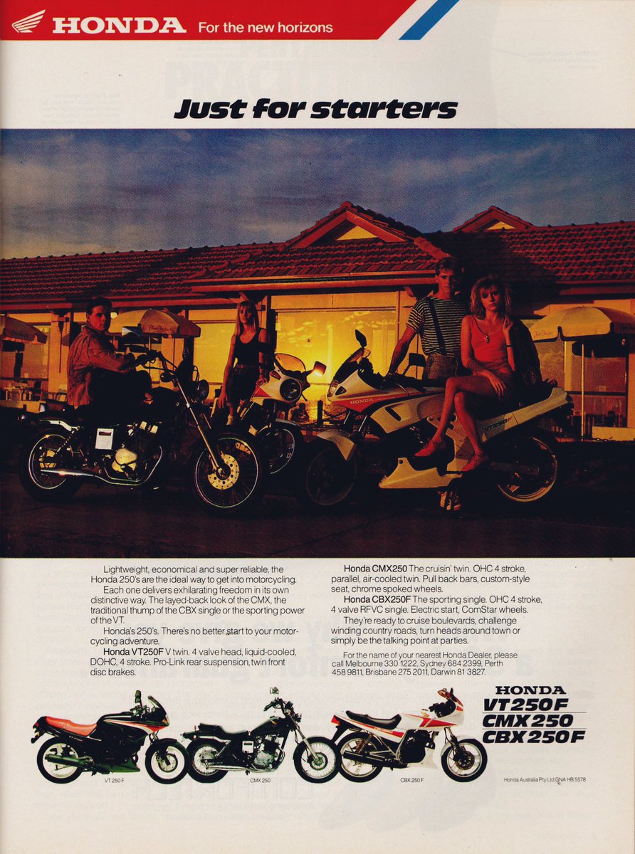 "Lightweight, economical and super reliable, the Honda 250's are the ideal way to get into motorcycling..."

(x.com/LaurenRosewarn…)

Honda "For the new horizons". Australian Penthouse, 1988.