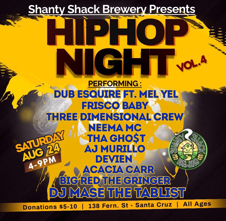 This Saturday, I’m on stage in Santa Cruz again at <a href="/ShantyShackBrew/">Shanty Shack Brewing</a> with a dope lineup featuring @persianbutter <a href="/AjMurillo28/">AJ Murillo</a> <a href="/_friscobaby/">Frisco Baby🎙</a> and more! 

Join us from 4-9pm! Entry is donation-based, so come through and catch a vibe with us.
