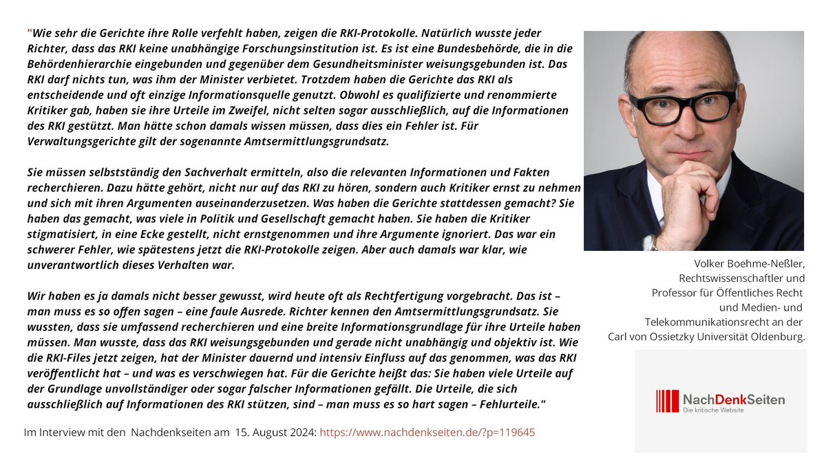 Meinem Kollegen <a href="/NeBoehme/">Volker Boehme-Neßler</a> zufolge sind viele Urteile zur Coronazeit schlicht Fehlurteile. Das #RKILeak zeigt, dass sie auf falschen Tatsachenannahmen beruhen. Versagt hat vor allem das <a href="/BVerfG/">BVerfG</a>, das den Schwindel des <a href="/rki_de/">Robert Koch-Institut</a> niemals hinterfragte.

In ihrem Urteil zur