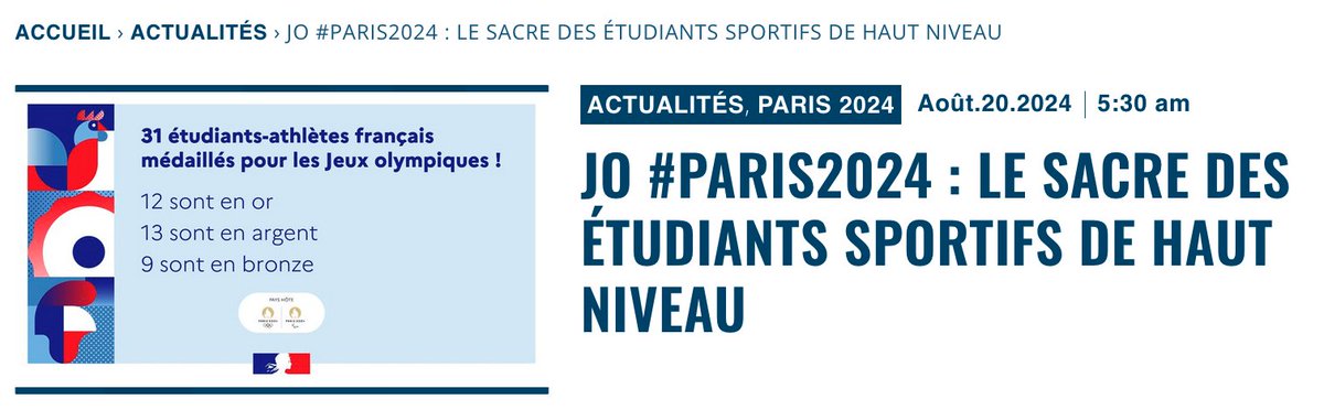 Patrick Bayeux / Décideurs du sport (@patrickbayeux) on Twitter photo JO #Paris2024 : le sacre des étudiants sportifs de haut niveau
L’heure des comptes a sonné… Le <a href="/sup_recherche/">Ministère Enseignement supérieur et Recherche</a> ministère de l’enseignement supérieur a fait les siens et constaté le sacre des étudiants sportifs de haut niveau : 31 étudiants sportifs ont été médaillés ! Au total, JO #Paris2024 : le sacre des étudiants sportifs de haut niveau
L’heure des comptes a sonné… Le <a href="/sup_recherche/">Ministère Enseignement supérieur et Recherche</a> ministère de l’enseignement supérieur a fait les siens et constaté le sacre des étudiants sportifs de haut niveau : 31 étudiants sportifs ont été médaillés ! Au total,
