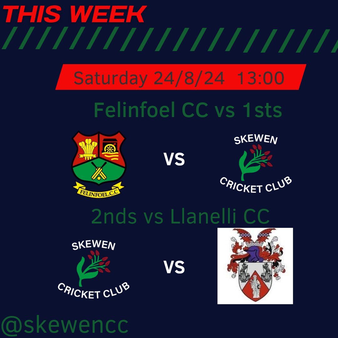 Saturday's Fixtures 
<a href="/FelinfoelCC/">Felinfoel Cricket Club</a> vs 1sts
2nds vs <a href="/LlanelliCricket/">LlanelliCricketClub</a>