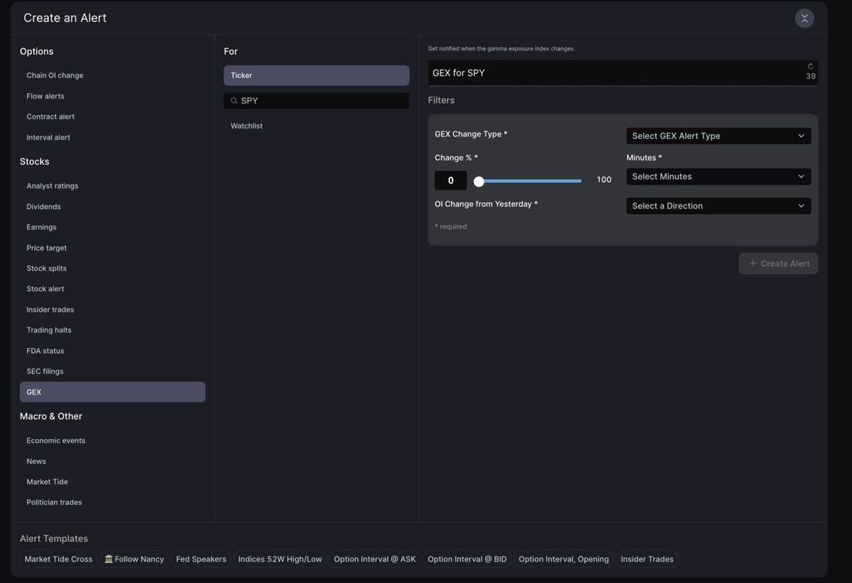 You can now set GEX alerts and receive them on your mobile devices using Unusual Whales.

GEX helps you determine net direction for any ticker (like $SPX gamma directional changes), and you can act quickly as things change.

Select any time range + data: unusualwhales.com/custom-alerts