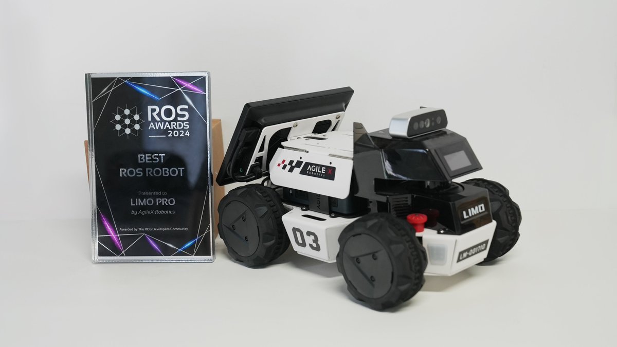 AgilexRobotics's tweet photo. We're beyond excited to share that #LimoPro won Best ROS Robot at The Construct's ROS Awards 2024! 🏆
Big thanks to our amazing team and #TheConstruct for this honor! 🙌
Learn more about #ROS2 robots here: [https://t.co/t2WKGf7sDt]
#AgileXRobotics #ROS #Robotics #Innovation https://t.co/O1wg1OwuMw