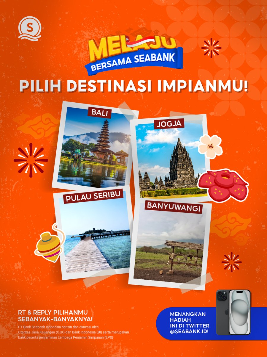 SeaBankID's tweet photo. PILIH DESTINASI IMPIANMU! ✈️

Jawab dan menangkan IPHONE 15 dengan cara:
1. FOLLOW @SEABANKID
2. RT Tweet ini
3. REPLY JAWABANMU SEBANYAK 10x! https://t.co/iYnXxOVyVs