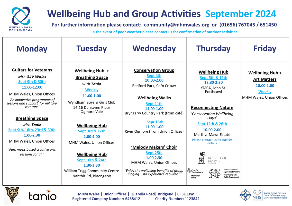 MHMWales's tweet image. Our activity calendar for #September24 is now live! Please contact the community team using the information below for more information, or to book your place.   #Wellbeing #activities #arttherapy #greentherapy #yoga #choir #music #creativewriting

@tanio_cymru

@ctmrpb