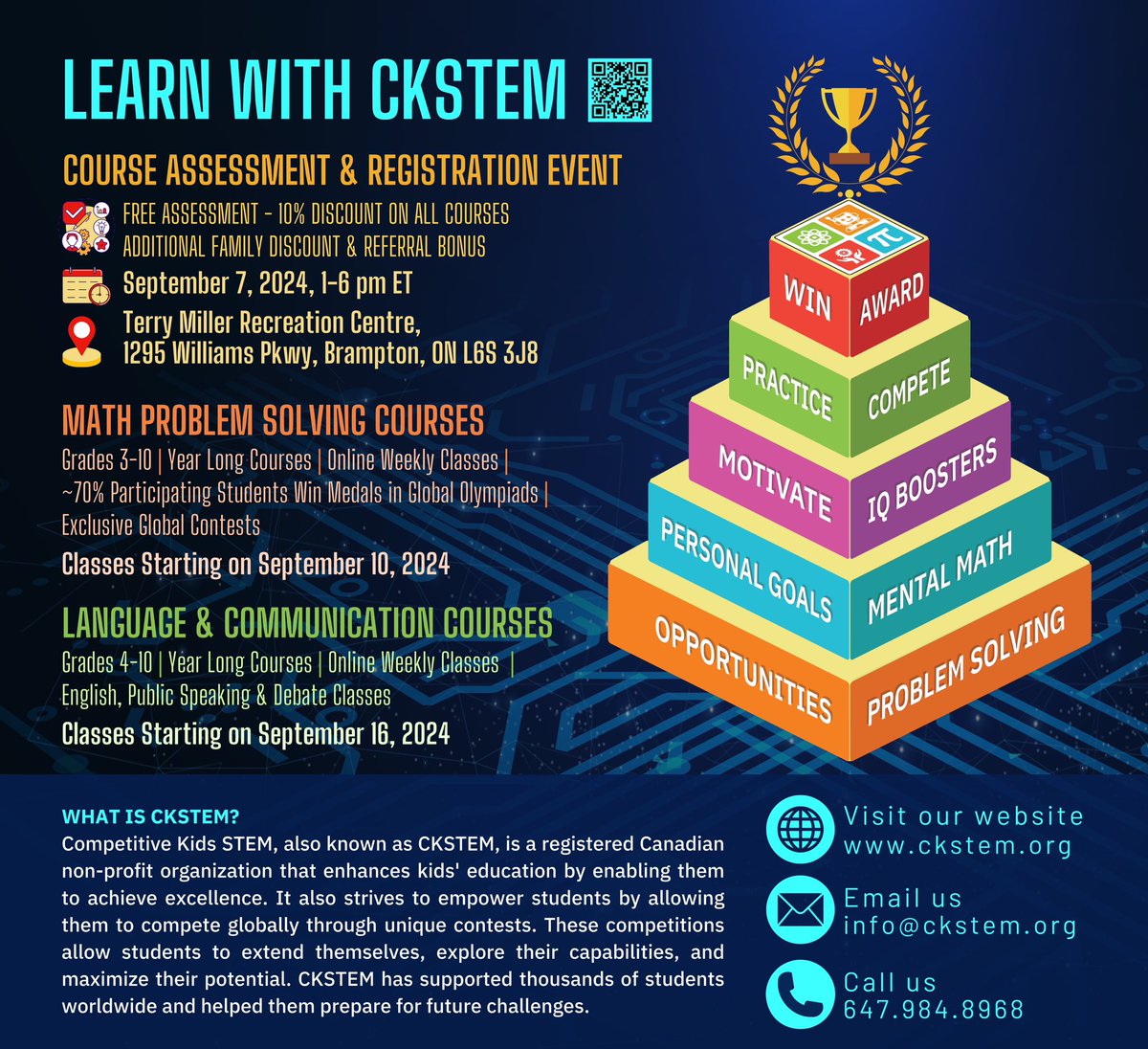 ckstem's tweet photo. Join us for a FREE Assessment &amp; Registration Event on September 7, 2024, at the Terry Miller Recreation Centre in Brampton, ON and sign up using the link in our bio. 

Get a 10% discount and learn about our Math Problem Solving and Language &amp; Communication courses 📚 https://t.co/ge0UBJWCIT