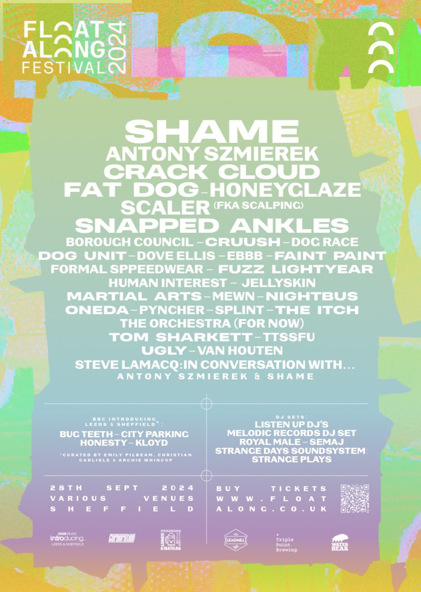 Float Along Festival (@_floatalong) on Twitter photo JUST OVER 4 WEEKS TO GO!
FA24 ft. <a href="/shamebanduk/">shame</a> <a href="/antonyszmierek/">Antony Szmierek</a> <a href="/fatdog_fatdog/">Fat Dog</a> <a href="/snappedankles/">Snapped Ankles</a> <a href="/honeyglaze/">honeyglaze</a> <a href="/scalerband/">SCALER</a> <a href="/uglyofficialuk/">Ugly</a> <a href="/steve_lamacq/">Steve Lamacq</a> <a href="/BBCIntroSheff/">BBC Music Introducing In Sheffield</a> plus loads more.
Sat 28 Sept - Sheffield
Final tickets seetickets.com/event/float-al… JUST OVER 4 WEEKS TO GO!
FA24 ft. <a href="/shamebanduk/">shame</a> <a href="/antonyszmierek/">Antony Szmierek</a> <a href="/fatdog_fatdog/">Fat Dog</a> <a href="/snappedankles/">Snapped Ankles</a> <a href="/honeyglaze/">honeyglaze</a> <a href="/scalerband/">SCALER</a> <a href="/uglyofficialuk/">Ugly</a> <a href="/steve_lamacq/">Steve Lamacq</a> <a href="/BBCIntroSheff/">BBC Music Introducing In Sheffield</a> plus loads more.
Sat 28 Sept - Sheffield
Final tickets seetickets.com/event/float-al…