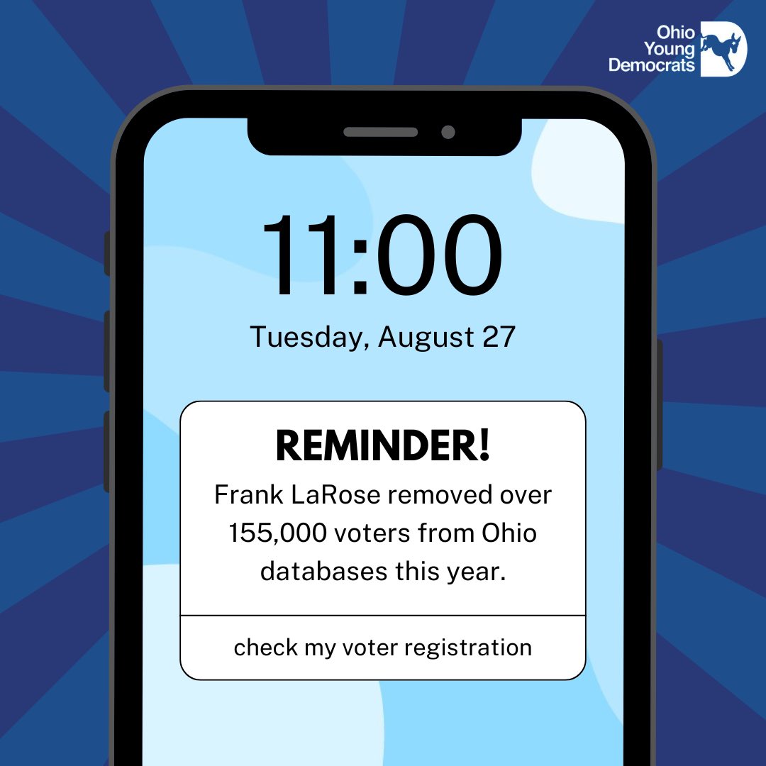 OhioYD's tweet image. Friendly reminder🙃
Your GOP Secretary of State @FrankLaRose thinks the best way to maintain accurate records is to delete 2% of registered voters - just weeks ahead of the November election! 🤔
Check your voter registration in less than 2 minutes vote.org/ohio