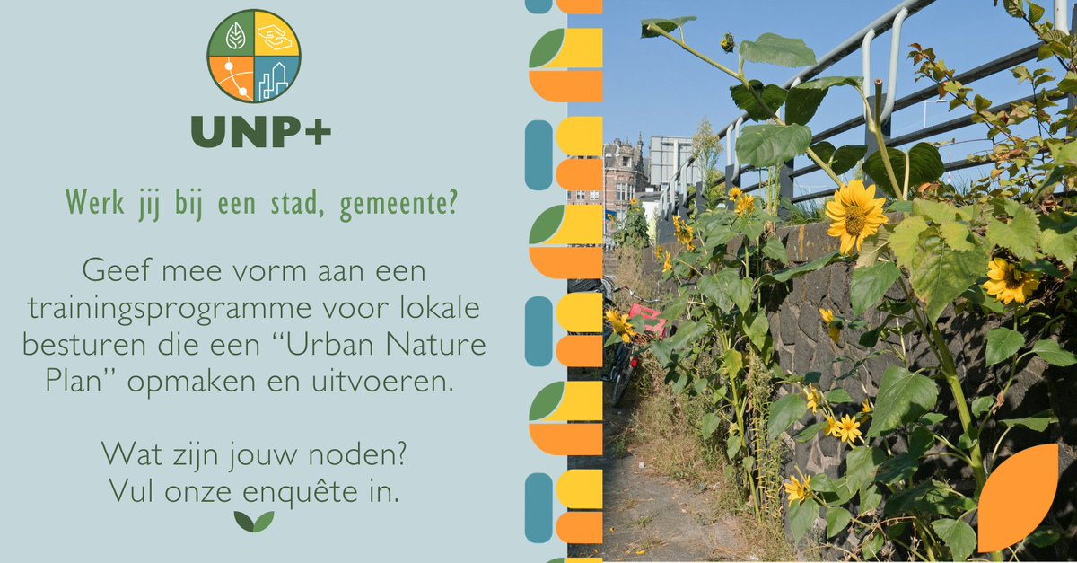 De #Natuurherstelwet roept steden op om een #stadsgroenplan op te maken. 

Het @unpplus project ontwikkelt een programma om steden te ondersteunen bij deze uitdaging. 

Geef mee sturing aan het #trainingsprogramme door onze bevraging in te vullen ec.europa.eu/eusurvey/runne…