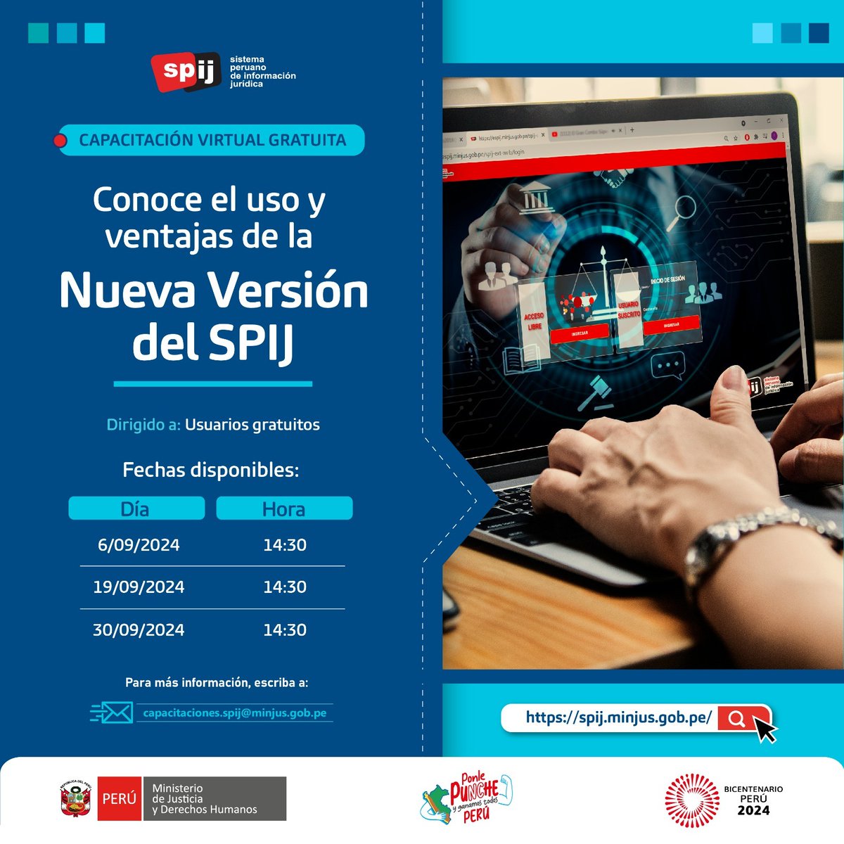 MinjusDH_Peru's tweet photo. ¿Quieres conocer más sobre el uso y ventajas del #SPIJ? Participa en las charlas que hemos preparado para ti este 6, 19 y 30 de setiembre. Inscríbete aquí 👉 https://t.co/ePKnb5TyJL. https://t.co/lEPvBnlwFQ