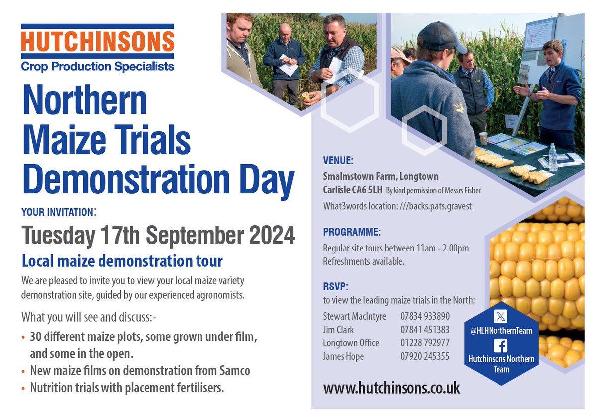 Come along to our Northern Maize Trials Demonstration Day!

We’ll be showing and discussing:
🌽30 different maize plots
🌽New maize films on demonstration from Samco
🌽Nutrition trials with placement fertilisers

Want to book your place? 
loom.ly/9P2b2zA