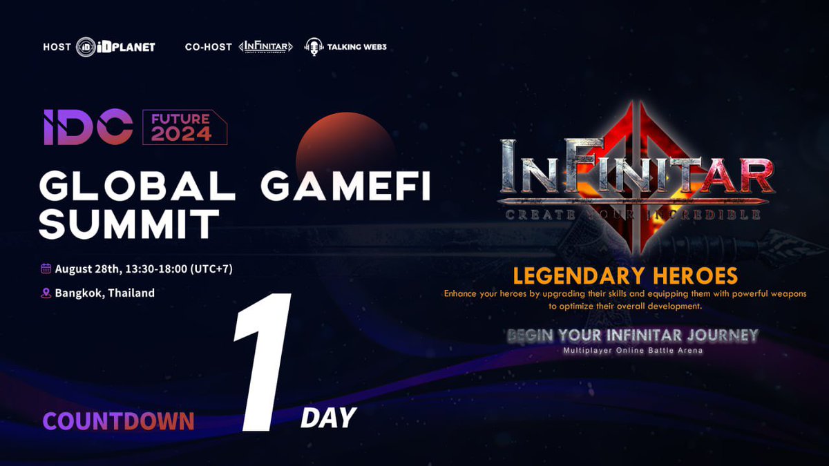 Infinitar_MOBA's tweet photo. 🚨 1 Day Left! 🚨
See you tomorrow at the Global GameFi Summit in Bangkok! Infinitar is ready—are you?
#Infinitar #GameFiSummit #Bangkok #MOBA #NFTGaming https://t.co/emiXzFMgH7