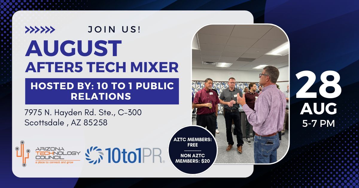 aztechcouncil's tweet image. 📢 We're teaming up with @10to1PR for a fun mixer at their Scottsdale HQ tomorrow! Join us for networking with tech innovators, delicious bites & refreshing drinks. 🍻 Open to all—Council members & non-members alike. Register now! buff.ly/3Mn5H8J  #TechNetworking #AZTech