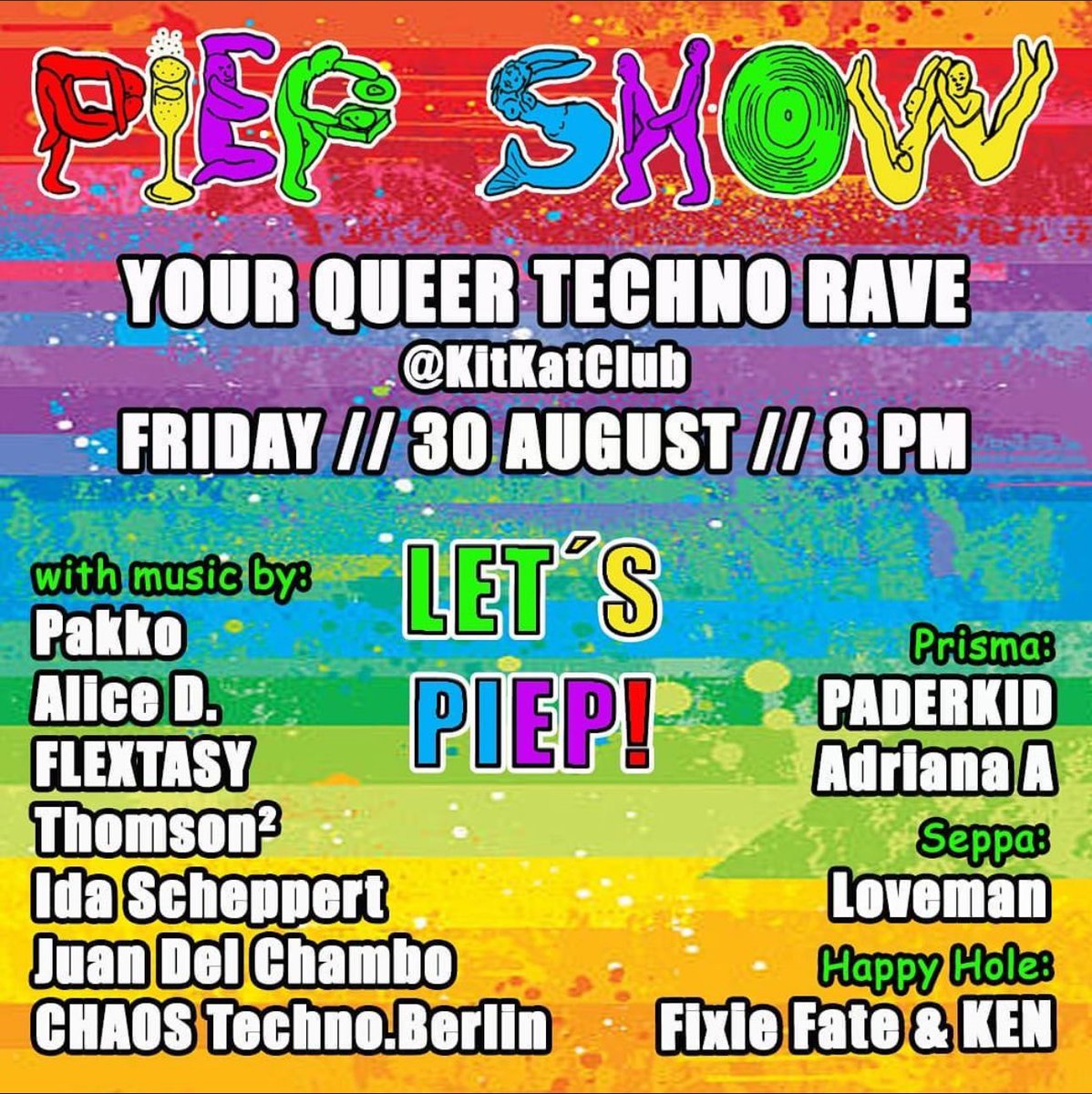 bootiemashup's tweet photo. This FRIDAY August 30 in BERLIN, our own @adrianabootie DJs our favorite party at KitKat Club: PiepShow! 💖 Get ready for queer-coded pop @bootiemashup bangers in Prisma from 2-6 AM! Also… neon glow nipples probably! 🥵 https://t.co/bM2yZGwmcf