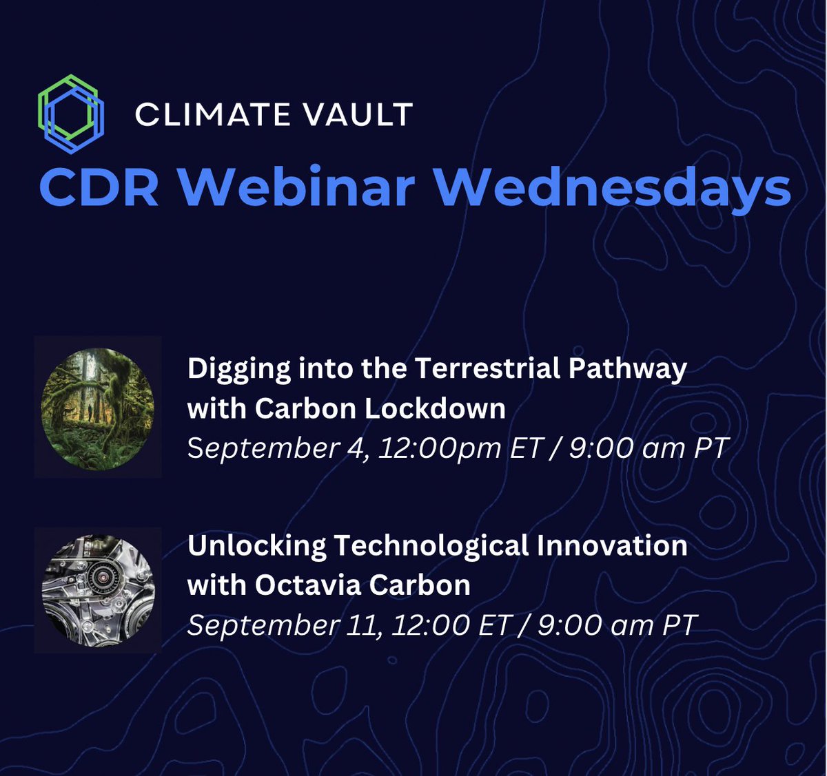 Climate Vault (@climatevault) on Twitter photo π‘ Back by popular demand, Climate Vaultβs #WebinarWednesdays are returning this September to shine a spotlight on the 2023 #CarbonDioxide Removal (#CDR) Innovation Award recipients: <a href="/CarbonLockdown/">Carbon Lockdown</a> and <a href="/OctaviaCarbon/">Octavia Carbon</a>.
π₯οΈ Save your spot -> hubs.la/Q02Mr2HW0 π‘ Back by popular demand, Climate Vaultβs #WebinarWednesdays are returning this September to shine a spotlight on the 2023 #CarbonDioxide Removal (#CDR) Innovation Award recipients: <a href="/CarbonLockdown/">Carbon Lockdown</a> and <a href="/OctaviaCarbon/">Octavia Carbon</a>.
π₯οΈ Save your spot -> hubs.la/Q02Mr2HW0