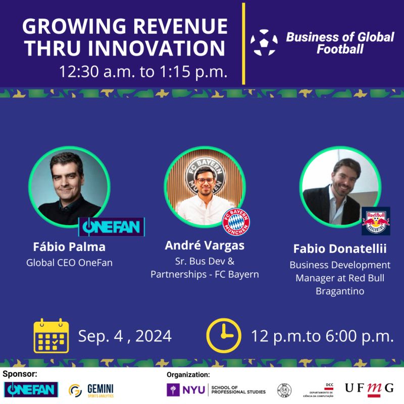⚽ English 
🎉It is with great pleasure that we announce Growing Revenue Thru Innovation, the first confirmed panel for the Business of Global Football 2024!

The panel will feature Fabio Donatelli, Business Development Manager at Red Bull Bragantino, Andres V., Senior Business
