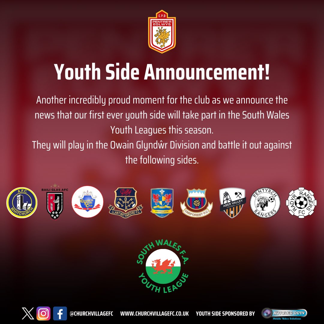 Church Village FC (@churchvillagefc) on Twitter photo ๐๐น๐๐ฏ ๐๐ป๐ป๐ผ๐๐ป๐ฐ๐ฒ๐บ๐ฒ๐ป๐!
For the first time in the clubs history we will register a Youth Side to compete in the ๐ฆ๐ผ๐๐๐ต ๐ช๐ฎ๐น๐ฒ๐ ๐.๐. ๐ฌ๐ผ๐๐๐ต ๐๐ฒ๐ฎ๐ด๐๐ฒ๐.
Another proud and historic moment for the club ๐๐ผโค๏ธ๐ค
Pob lwc bechgyn
#TheVillageWay ๐๐น๐๐ฏ ๐๐ป๐ป๐ผ๐๐ป๐ฐ๐ฒ๐บ๐ฒ๐ป๐!
For the first time in the clubs history we will register a Youth Side to compete in the ๐ฆ๐ผ๐๐๐ต ๐ช๐ฎ๐น๐ฒ๐ ๐.๐. ๐ฌ๐ผ๐๐๐ต ๐๐ฒ๐ฎ๐ด๐๐ฒ๐.
Another proud and historic moment for the club ๐๐ผโค๏ธ๐ค
Pob lwc bechgyn
#TheVillageWay