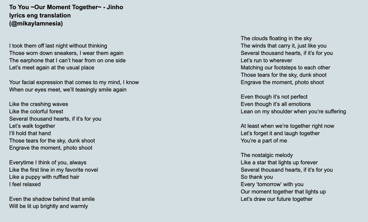 mikaylamnesia's tweet photo. jinho - 僕の君へ ~僕たちの瞬間~ (To You ~Our Moment Together~)
lyrics eng trans https://t.co/2fvdOBByKQ