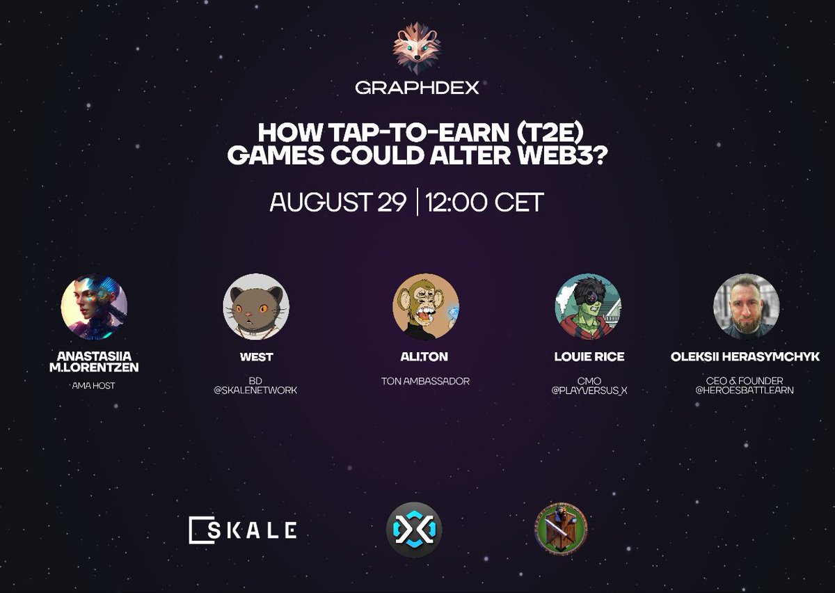 graphdex_io's tweet image. Announcement of AMA session🎉

What we'll be talking about: How Tap-to-Earn (T2E) Games Could Alter Web3?

Explained Speakers: 
@west_v1 from @SkaleNetwork
@Tleubayev
Louie Rice from @PlayVersus_X
Oleksii Herasymchyk from @heroesbattlearn

Where to watch: x.com/i/spaces/1yNxa……