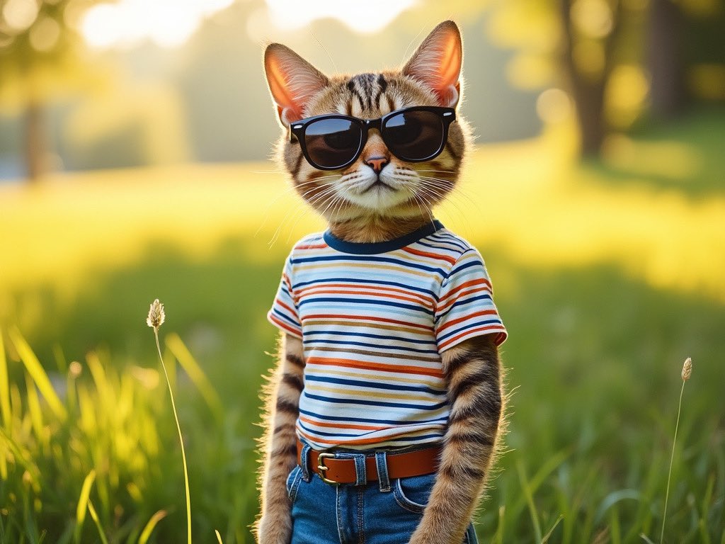CyberVixenX's tweet photo. Who says style is just for humans? Check out this feline fashionista owning the sunny meadow runway! 😎🐱 #CatFashion #TrendyPets #SunnyStyle #AnimalChic #grok #aiart https://t.co/X4cdxCUYxA