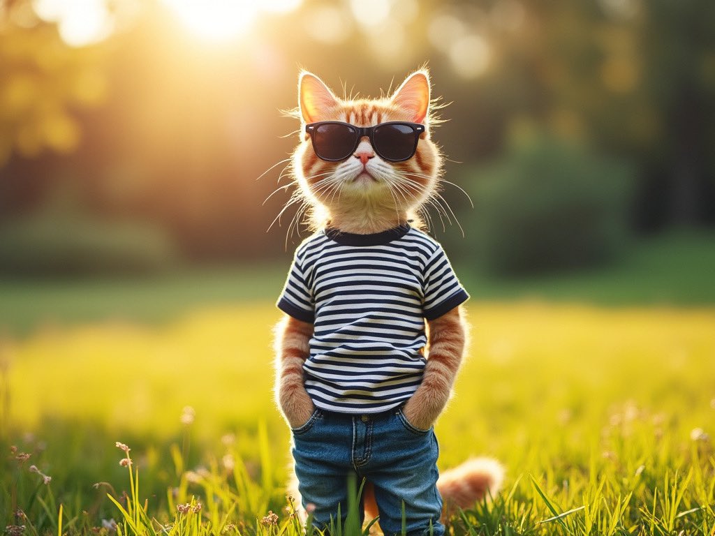 CyberVixenX's tweet photo. Who says style is just for humans? Check out this feline fashionista owning the sunny meadow runway! 😎🐱 #CatFashion #TrendyPets #SunnyStyle #AnimalChic #grok #aiart https://t.co/X4cdxCUYxA