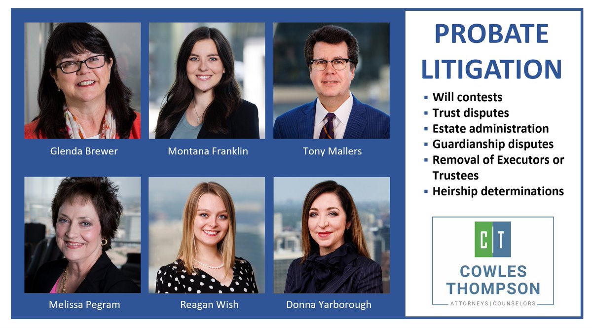 CowlesThompson's tweet image. Cowles Thompson probate attorneys understand the challenges in a loved one’s estate matter. We view #probate litigation with a business perspective, sensitivity, &amp;amp; respect for the family.
cowlesthompson.com/practice-areas…

#WillContest #EstateAdministration #ProbateLitigation #Guardianship