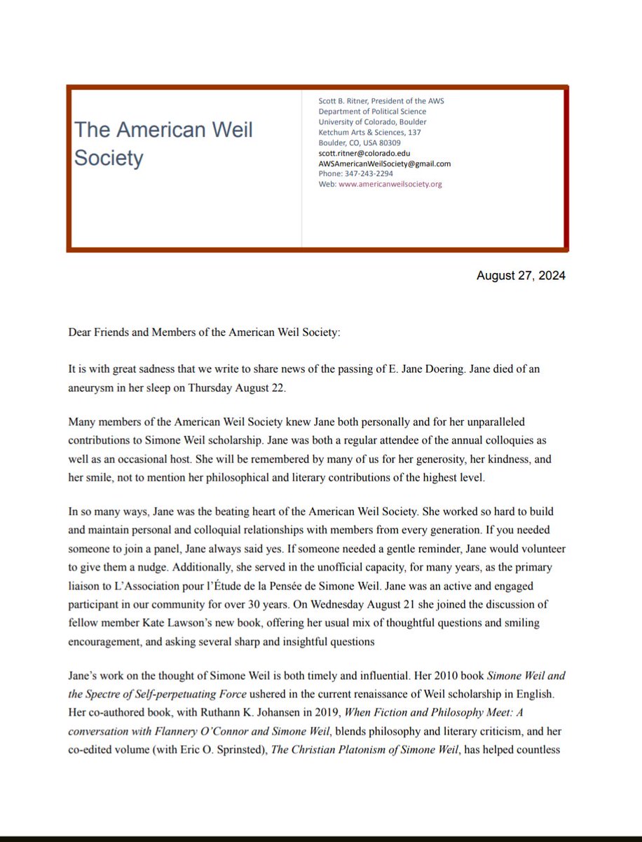 WeilSociety's tweet photo. It is with great sadness that we share the news of the passing of E. Jane Doering, a member of our community for over 30 years and an influential and artful scholar of Simone Weil's thought. https://t.co/B3S89Shopp