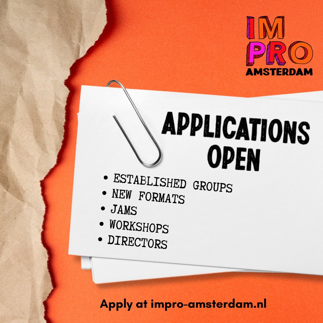 improamsterdam's tweet photo. Applications are now open for #IMPROAmsterdam 
If you are interested in teaching, performing, directing a show or want to share your ideas then apply at https://t.co/RGXIlANJMQ 

We look forward to seeing what you will bring! 
Please note: Application deadline is 30th September. https://t.co/hwocYPzp4c