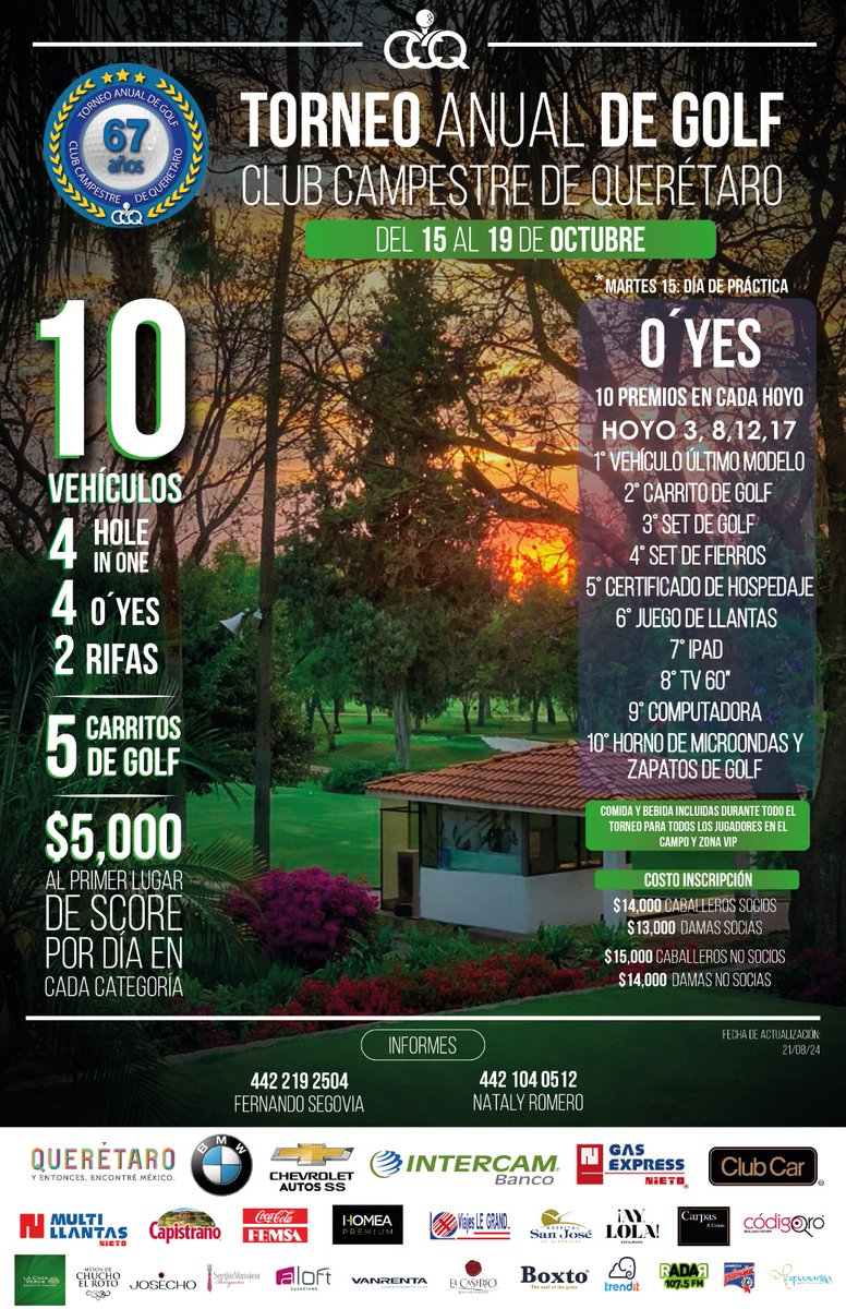 ccqmx's tweet photo. 67° Torneo Anual Club Campestre de Querétaro 
📆 Del 15 al 19 de Octubre.

⬇️Consulta la convocatoria⬇️
https://t.co/bbLmJA1TUp
✅Aparta y registrate en el siguiente link: 
https://t.co/Z2XQKj0E2T
𝗜𝗻𝗳𝗼𝗿𝗺𝗲𝘀:
📞442 219 2504 - Fernando Segovia
📞442 104 0512 - Nataly Romero https://t.co/LEeESV8u5o