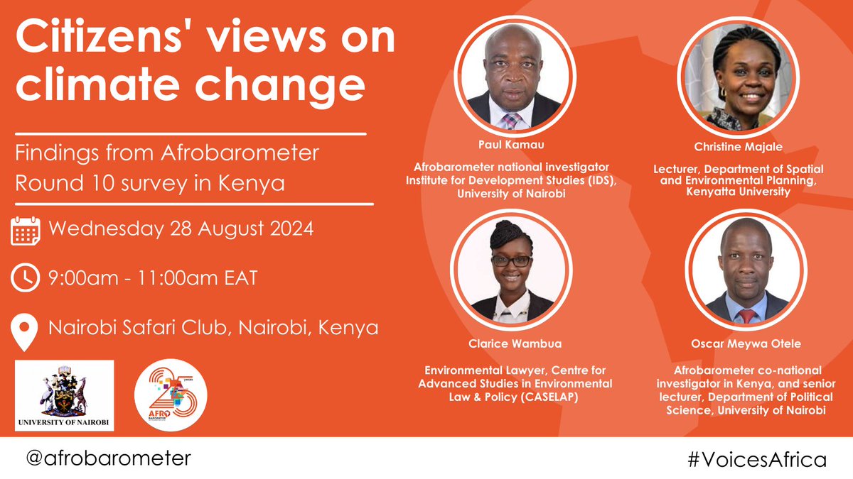 afrobarometer's tweet photo. We are excited to announce the panelists for the discussion on citizens’ views on climate change from the Afrobarometer Round 10 survey in Kenya.  

Join us tomorrow, 28 August 2024, for this engaging discussion led by our national partner, Institute for Development Studies, University of Nairobi (@IDS_UONBI).

#Kenya #VoicesAfrica #AfrobarometerAt25