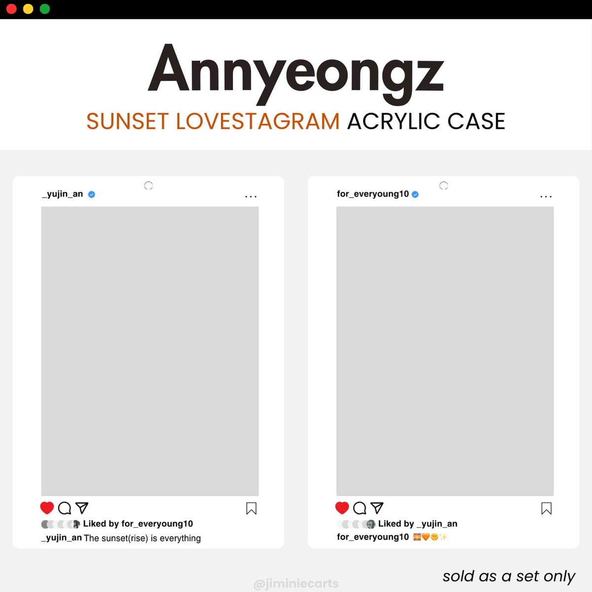 ic wts lfb ph | #jiminiecartssells 

annyeongz instagram acrylic case

php 290 each all in + lsf

☀️ sunset lovestagram sold as a set for php 580 

• payo or dop until onhand with 50% nrdp
• this is for pre-order !
• reply or dm :D 

# ive yujin wonyoung pc holder