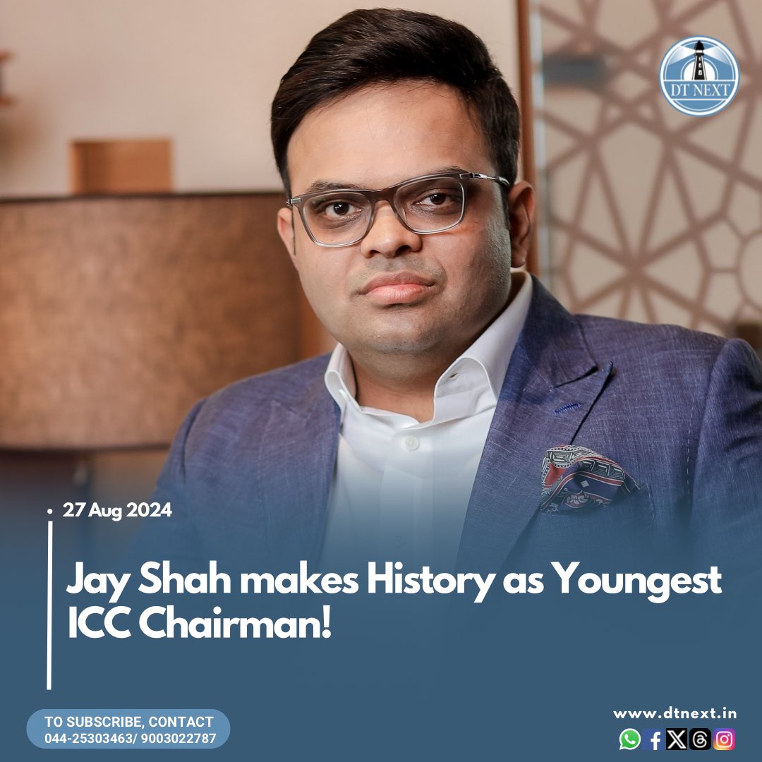 dt_next's tweet image. BCCI secretary @JayShah has been unanimously elected as the new #ICC chairman, becoming the #youngest person to hold the position at just 35! He succeeds #GregBarclay, promising a new era for world #cricket.

Read more on 
🔗: dtnext.in

#dtnext #jayshah #chairman
