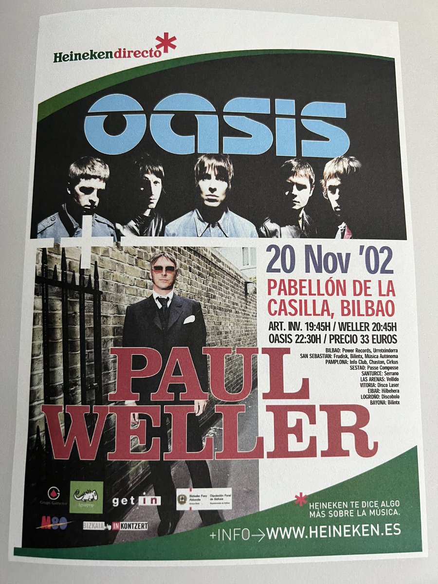 GetInMusic's tweet photo. Ahora que la noticia de la reunión de @oasis está volviendo loco al planeta. Rememoramos y buscamos entre nuestros carteles el mítico concierto de Oasis + Paul Weller en Bilbao. Afortunados los que vivimos aquel conciertazo 20/11/2002. #Backstagegetin https://t.co/ZW07Dr1Kvs